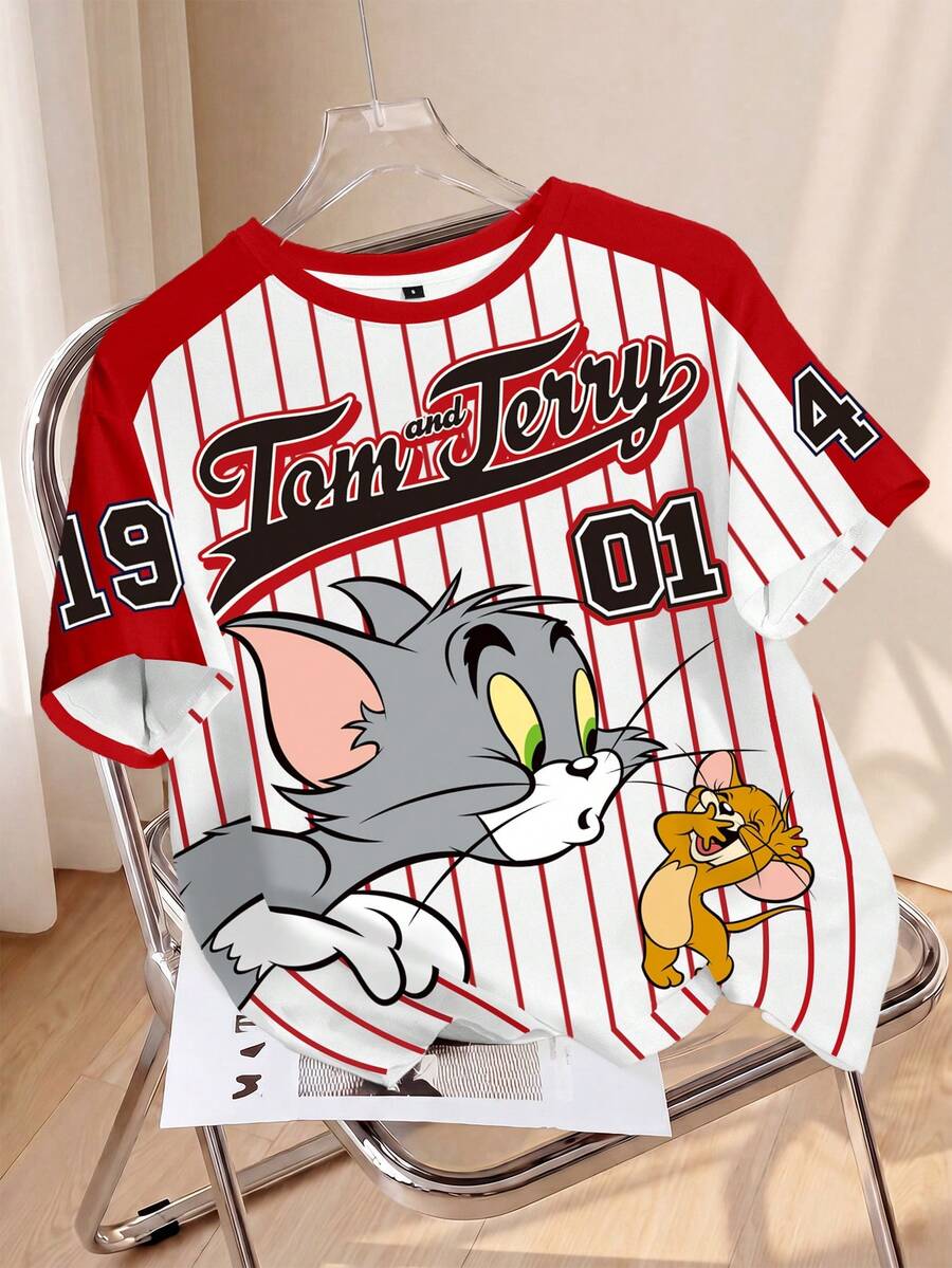 TOM & JERRY X SHEIN 女款可愛卡通印花圓領短袖T恤 - 白色 - 查看 1