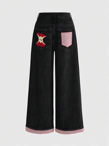 ROMWE Y2K 千禧復古格紋蘋果補丁刺繡寬鬆休閒低腰女款牛仔褲 - 黑色 - 查看 2
