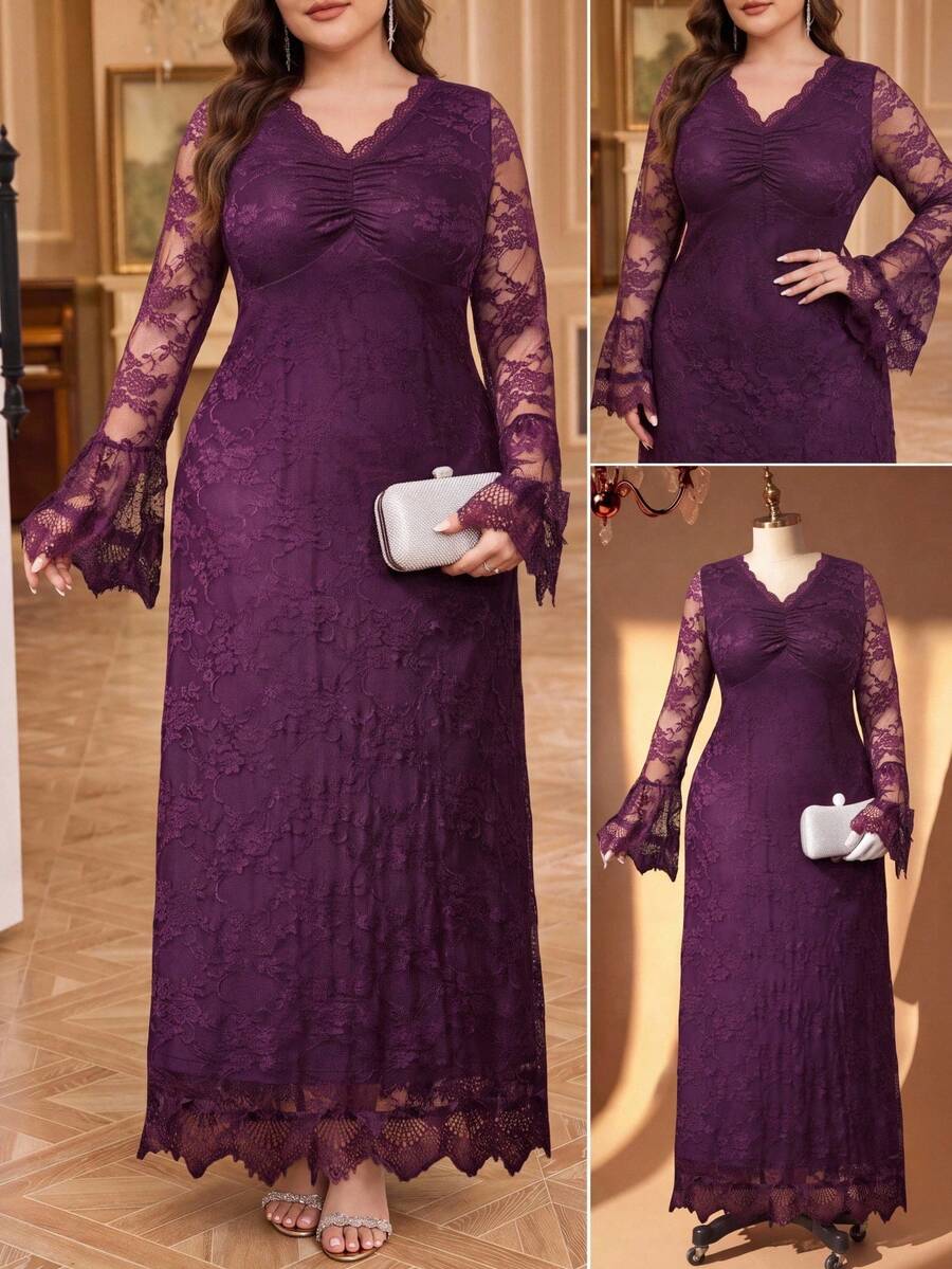 Reflora Plus Size Elegant Party Formal Evening Solid Color Lace Dress Autumn Wedding Purple Fall - Purple - View 1