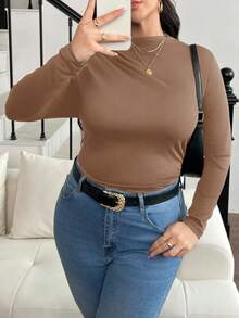 SHEIN Frenchy Plus Size Mock Neck Ruched Slim Fit Tee/Fall/Winter - Khaki - View 2