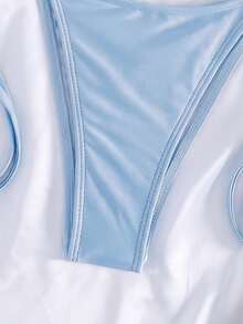 Swim SXY 夏季新品 INS 性感綁帶三角比基尼，美人魚貝殼包，螢光淺藍色 2 件式泳裝配珍珠飾品，海洋度假海灘比基尼套裝，甜美女孩水療海灘度假泳裝，生日派對度假海灘比基尼 - 淺藍色 - 查看 6