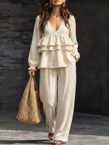 Breezaya Women's Spring Beige Multi-Layered Ruffled Long-Sleeved Top Pants, Autumn Casual Elegant Brunch Tea Party Vacation Two Pieces Set - Apricot - View 1