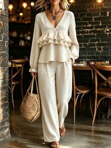 Breezaya Women's Spring Beige Multi-Layered Ruffled Long-Sleeved Top Pants, Autumn Casual Elegant Brunch Tea Party Vacation Two Pieces Set - Apricot - View 4