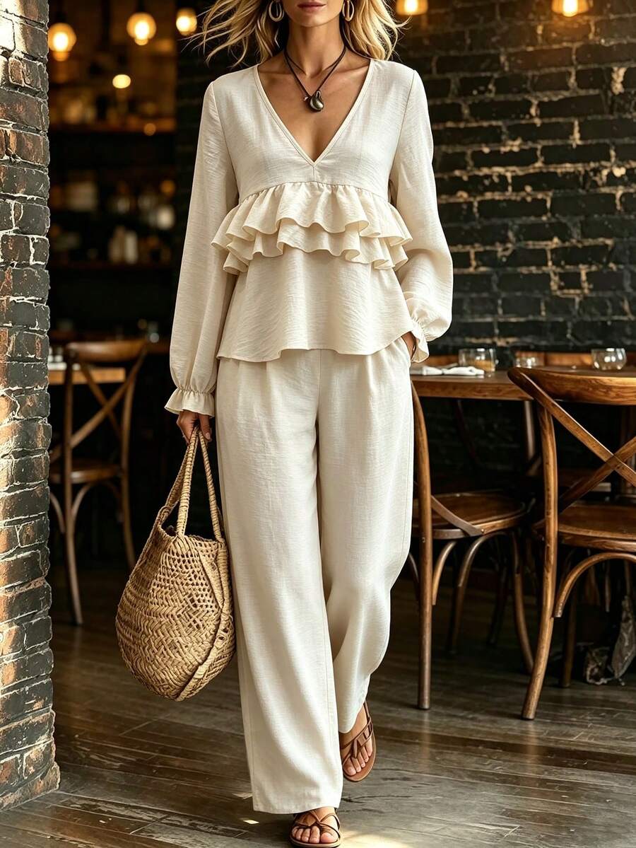 Breezaya Women's Spring Beige Multi-Layered Ruffled Long-Sleeved Top Pants, Autumn Casual Elegant Brunch Tea Party Vacation Two Pieces Set - Apricot - View 1