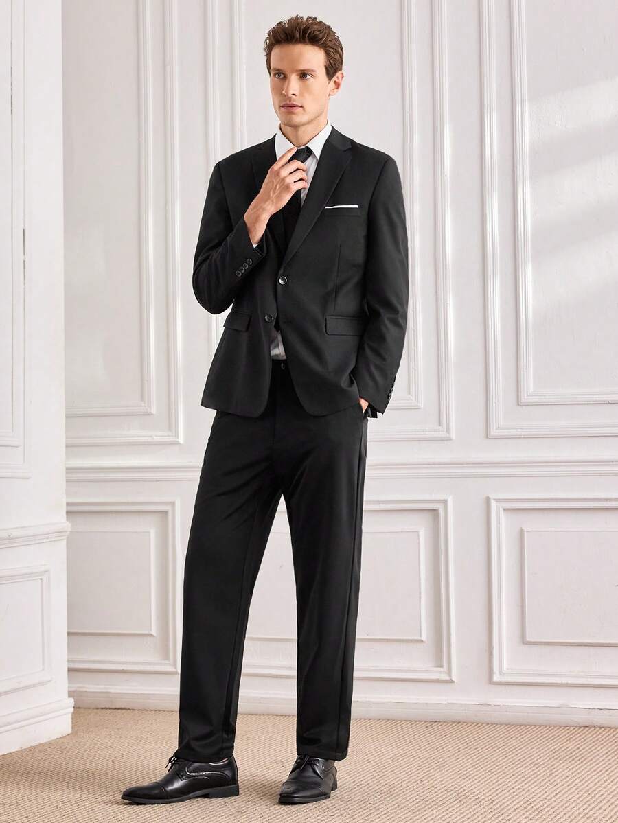 Officeau Men's 2pcs Black Suits, Blazer & Pants, For Formal Business/ Office - Black - View 1