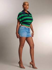Denimoi Cinched Waist Collared Striped Polo Top Fashionable Tops Collared Top, Casual Basic Top - Green - View 4