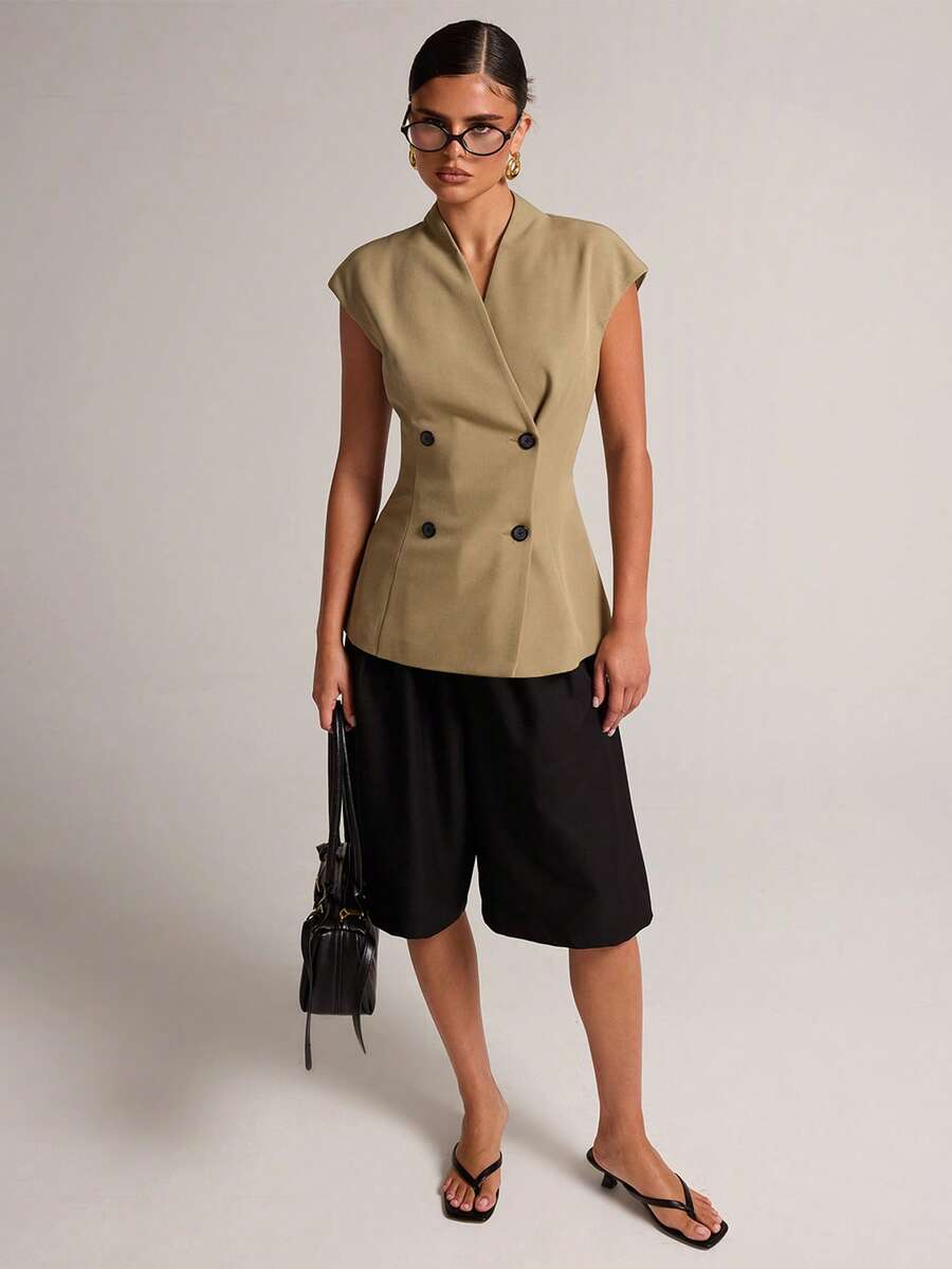 SHEIN BAE Schwarze kurze weite Anzughose mit Taschen, locker geschnittene Capri-Hose für Arbeit, Business, Büro, Sommer, lässig, elegant - Schwarz - Übersicht 1
