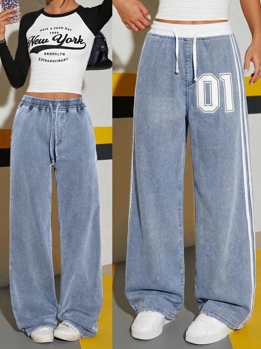 SHEIN 青少年女孩字母圖案拼色腰帶藍色寬鬆寬腿牛仔褲黑色上學款 - 藍白色 - 查看 1