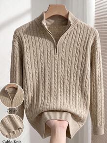 Manfinity CasualKnits 秋冬新款部落客風時尚設計 3D 扭繩圖案半開領套頭毛衣 - 卡其色 - 查看 3