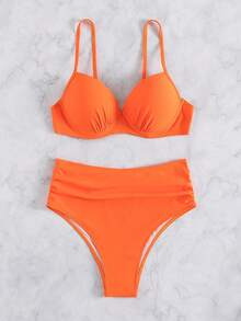 SHEIN Swim Women Summer Beach Solid Push Up Underwire Bikini Set Bathing Suit - Orange - View 5