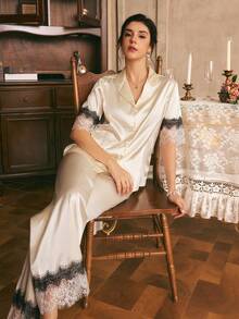 Côtesoire Women's Lace Patchwork Top And Pants Pajama Set - Apricot - View 5
