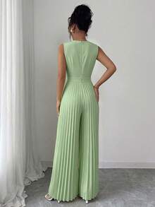 Elenzga Women's Spring/Summer Elegant Commuter Yellow V-Neck Sleeveless Metal Buckle Pleated Waist Cinched Ruched Design Fitted Slim Jumpsuit - Green - View 2