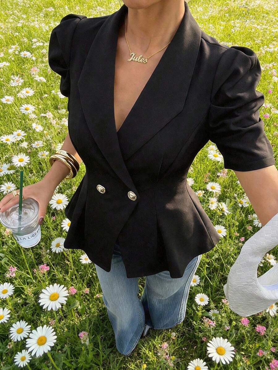 SHEIN MOD Blazer Wanita Ukuran Besar Warna Polos Kasual Serbaguna untuk Pemakaian Sehari-hari - Hitam - View 1