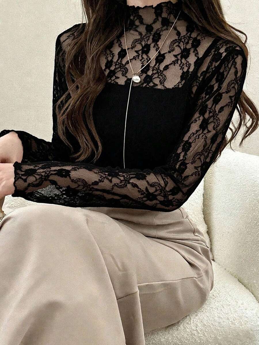 FRIFUL 女款時尚性感透視蕾絲領修身襯衫 春季長袖上衣 外出穿搭可愛上衣 - 黑色 - 查看 1