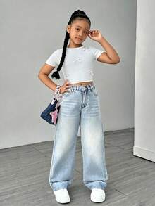SHEIN Celana Jeans Kasual Anak Perempuan Remaja Warna Biru Muda dengan Potongan Lebar - Biru - View 5