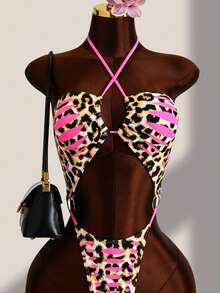 Swim SXY Sexy Leopard Print Cutout Spaghetti Strap One-Piece Swimsuit Beach Club Party Pink Leopard Print Summer - Multicolor - View 6