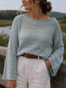 Freevana Plus Size Solid Color Boat Neck Knit Loose Bell Sleeve Top Suitable For Daily Wear Vacation Dusty Blue Autumn Traditional Fall Winter 2026 - Mint Blue - View 4