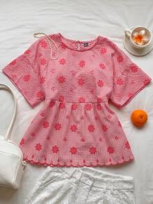 Comfortcana 紅色格紋花卉刺繡休閒女款襯衫 - 紅色 - 查看 7