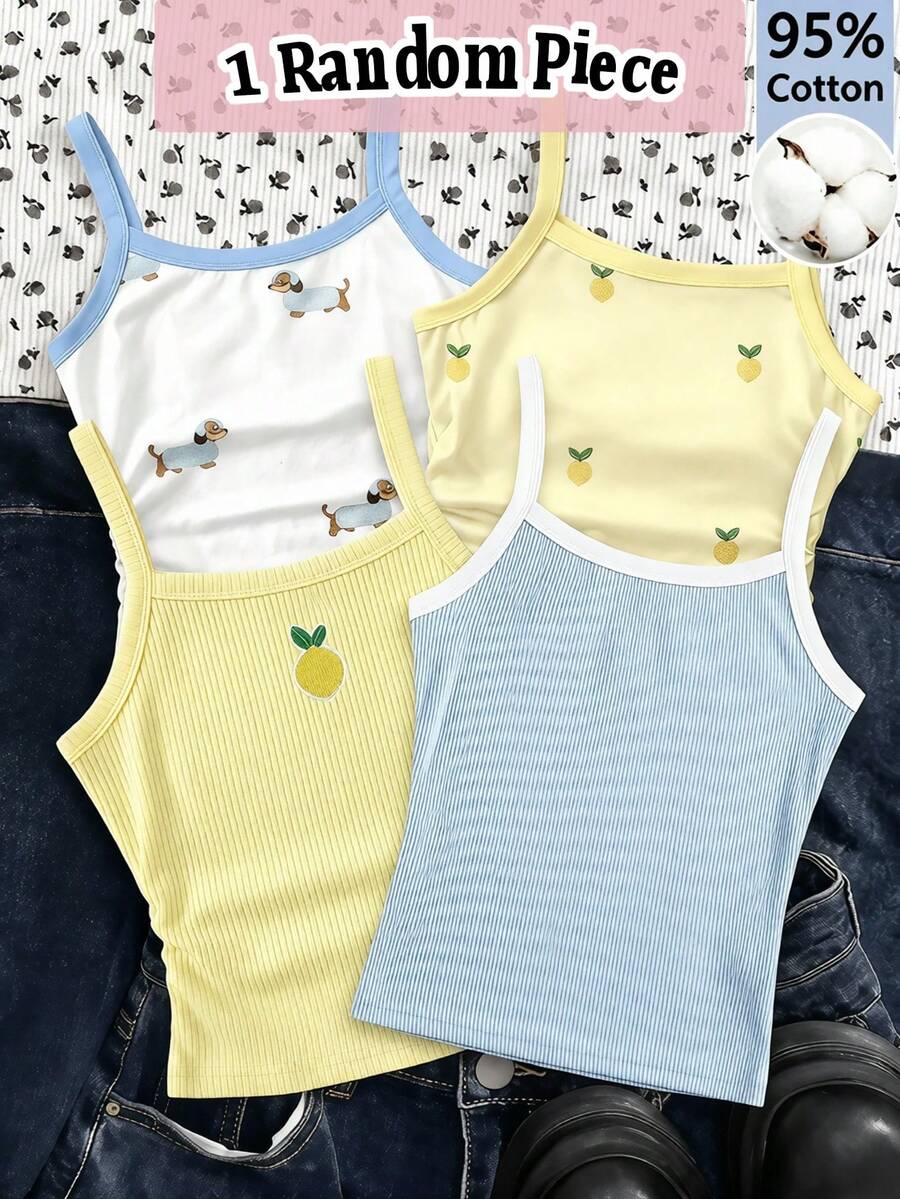 SHEIN 青少年女孩清新溫柔風細肩帶背心，飾有檸檬刺繡貼布，活潑俏皮，適合秋季居家穿著，可愛風格