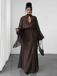 Maweii Gaun Mermaid Sensual Lengan Lonceng Transparan dengan Hem Dua Lapis untuk Wanita Ukuran Plus, Musim Gugur - Coklat - View 4