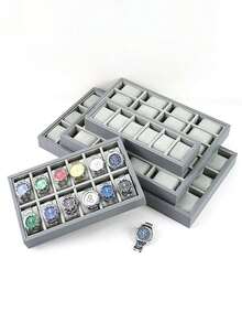 6/12/24/30 Slot Pu Leather Watch Box, Grey/Green Color Large Capacity Watch Display Storage Case - Grey - View 3