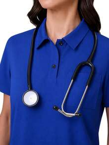 TaskEZ Royal Blue Drop Shoulder Short Sleeve POLO Collar Half-Placket Front Pocket Convenient Comfortable Scrub Uniform Top - Royal Blue - View 5