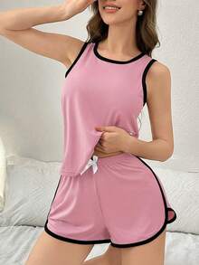 SHEIN 女款對比滾邊休閒背心與短褲家居服套裝 - 粉色 - 查看 3