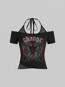 Attitoon 休閒搖滾街頭風極簡圖案女款 2 合 1 T-shirt，黑色與紅色，適合萬聖節之夜、演唱會、夏季穿著 - 彩色 - 查看 3