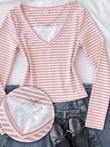 SHEIN 青少年女孩淺粉色條紋 2 合 1 對比蕾絲長袖 T 恤上衣 - 粉色 - 查看 6