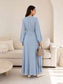 Solavon Einfaches vielseitiges Damenkleid mit Plissee und langen Ärmeln - Blau - Übersicht 2