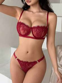 DAZY 女士红色蕾丝钢圈镂空绑带性感内衣套装 - 紅色 - 查看 5