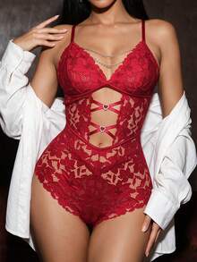 Silforma Short Semi-Sheer Red Romper For Women Featuring Lace Detailing And Plain Pattern Red Lace Bodysuit Lace Bodysuit Women One Piece Lingerie Bodysuit - Red - View 1