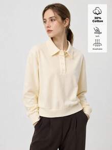 SHEIN BASICS Women's Cream White Polo Collar Long Sleeve Casual Top Cotton Going Out Everyday Travel Everyday Home School Graduation College Outfits Autumn - Light Yellow - View 6