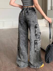 SHEIN 青少年女孩 Y2K 90年代秋季街頭斜口袋純色水洗直筒牛仔褲，Treet 風格口袋設計，柔軟優雅休閒直筒工裝牛仔褲，適合通勤、運動、年輕時尚、返校穿著，工裝褲 - 黑色 - 查看 2