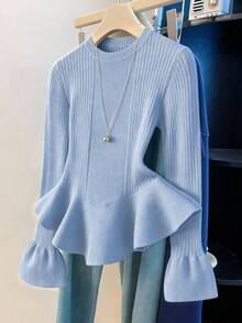 Franclia Suéter de mujer de unicolor con cuello redondo, mangas acampanadas y dobladillo con volantes - Azul cielo - Ver 1