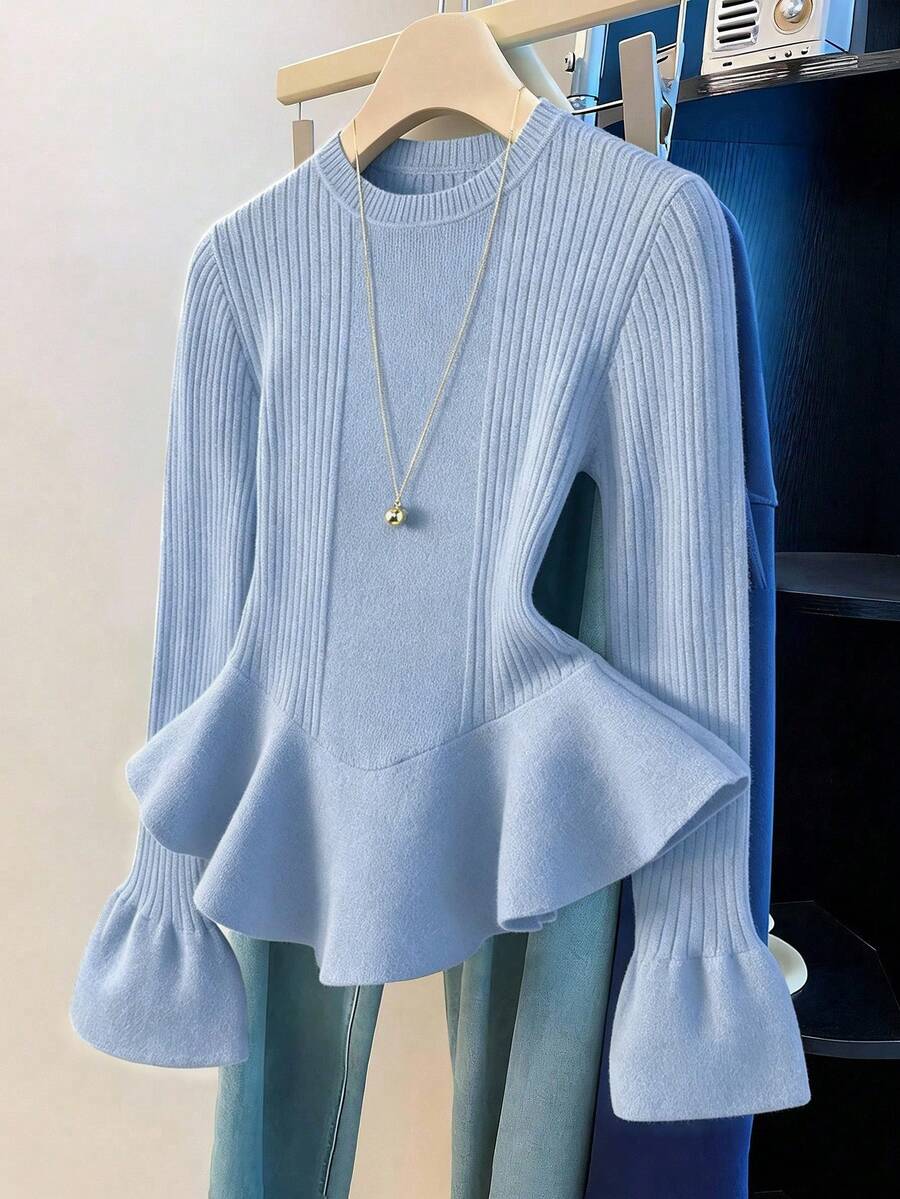 Franclia Suéter de mujer de unicolor con cuello redondo, mangas acampanadas y dobladillo con volantes - Azul cielo - Ver 1