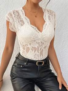 Bluhae Women's Minimalist Commuting Contrast Lace Bodysuit - Beige - View 3