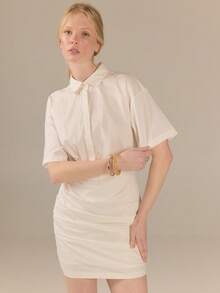 KÆRIA Hus Side Ruched Mini Shirt Dress - Cotton Comfort Stretch - Off-White - Office Brunch, Casual French Minimalist, Everyday Summer - White - View 7