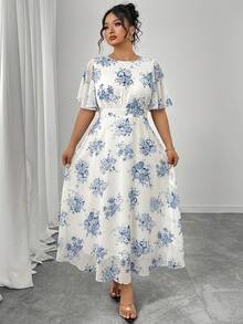 Modelyn Women's Plus Size Elegant Spring/Summer Round Neck Ruffle Bell Sleeve Fitted Drapey Chiffon Dress - Multicolor - View 6