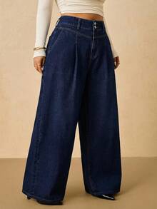 SHEIN CURVE+ 大尺碼時尚百搭口袋鈕扣寬鬆長版牛仔褲 - 藍色 - 查看 5