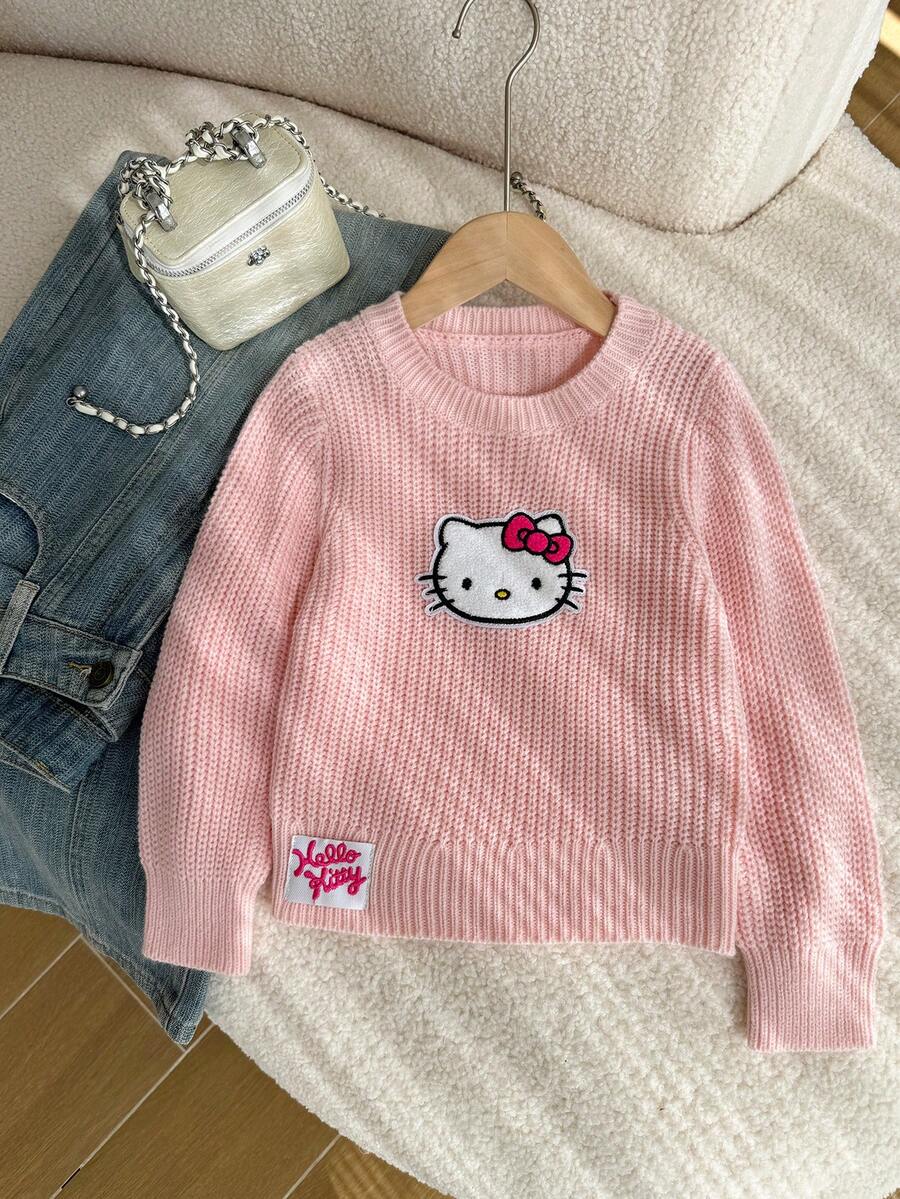 HELLO KITTY AND FRIENDS | SHEIN GraphicGems 女童圓領刺繡針織套頭毛衣,純粉色,可愛甜美休閒風,簡約百搭,柔軟舒適,適合秋季旅行 - 粉色 - 查看 1