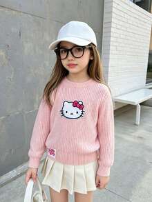 HELLO KITTY AND FRIENDS | SHEIN GraphicGems 女童圓領刺繡針織套頭毛衣，純粉色，可愛甜美休閒風，簡約百搭，柔軟舒適，適合秋季旅行 - 粉色 - 查看 8