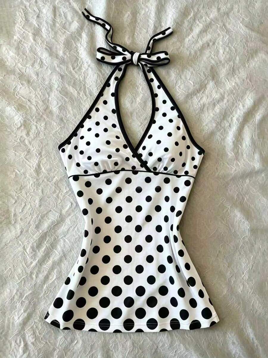 IslaSuriya Top de tirantes con cuello de halter y espalda con lazo con estampado digital de lunares para mujeres - Multicolor - Ver 1