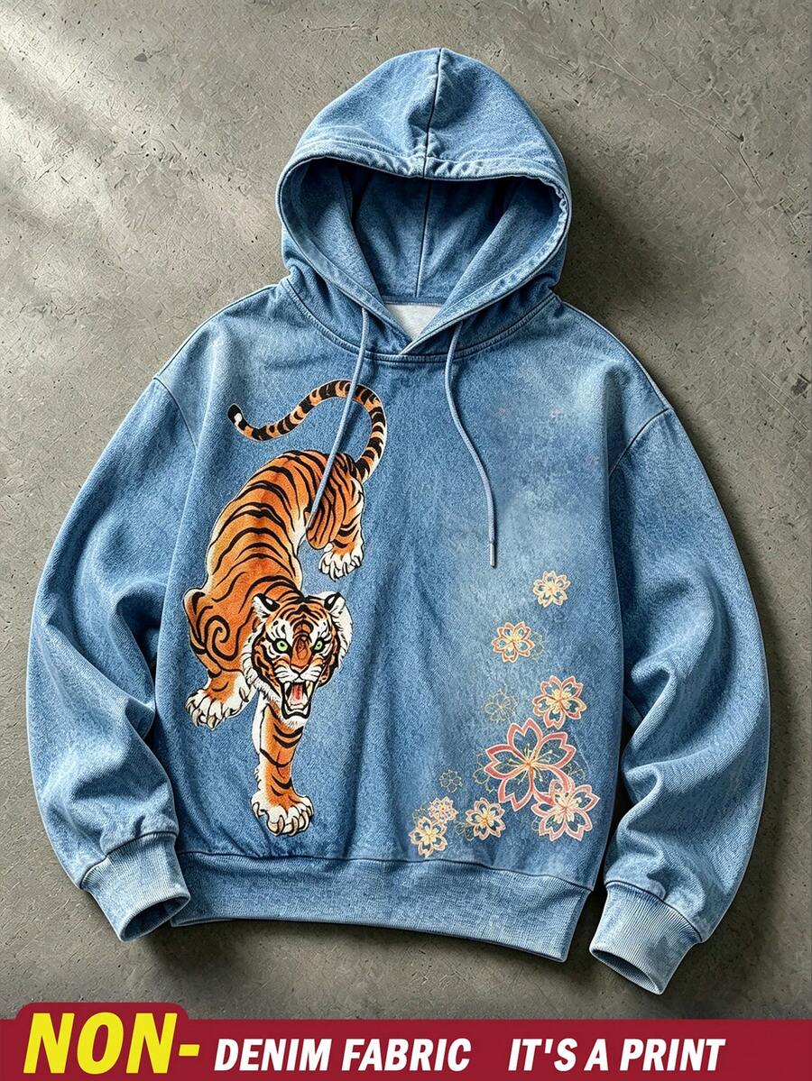IslaSuriya 春秋日式櫻花虎圖案連帽衛衣,女款復古水洗藍休閒寬鬆衛衣 - 白色 - 查看 1
