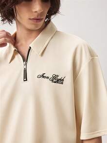 Vaulklash Men's Business Casual Half Zipper Placket Embroidery Letter Pattern Polo Shirt, Ceremony - Apricot - View 8