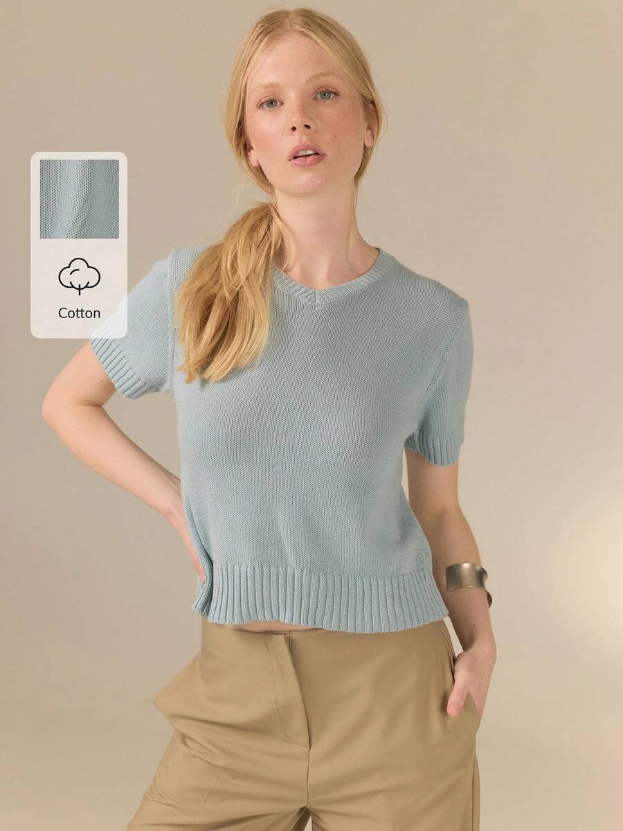 KÆRIA Hus 方正版型V領針織上衣 - Air Knit 100%純棉 - 灰藍色,極簡基礎款,休閒正裝,現代風,女款休閒襯衫,適合夏季早午餐 - 藍色 - 查看 1