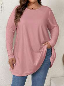 Firerie Plus Size Elegant Casual Loose Long Sleeve Crew Neck Solid Basic Layering Ruffle Hemline T-Shirt Spring Fall - Pink - View 2