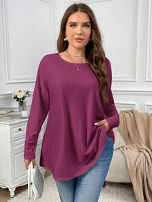 Firerie Kaos Kasual Ukuran Besar Model Longgar, Bahu Jatuh, Leher Bulat, Lengan Panjang, Warna Polos, Cocok untuk di Rumah, Liburan, dan Sebagai Lapisan Pakaian Musim Semi dan Gugur - Red Violet - View 7