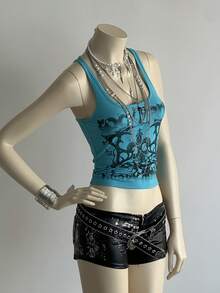 Flirla 女款街頭 Y2K 90年代次文化字母龐克印花背心上衣 夜店演唱會穿搭 藍色 夏季 - 藍色 - 查看 5