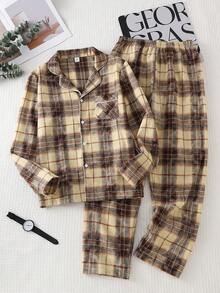 Set Pakaian Santai Kasual Nyaman untuk Remaja Laki-laki Motif Kotak-kotak dengan Kerah Terbuka di Depan, Lengan Panjang dan Celana Panjang - MultiWarna - View 3